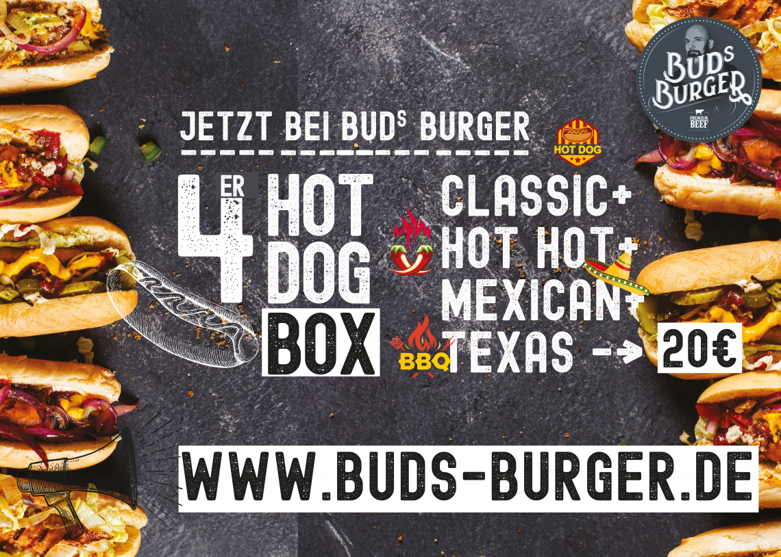 Hotdogbox mit 4 verschedene Hotdogs